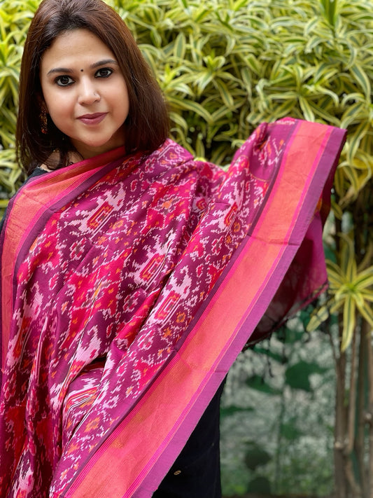 Wine Handwoven Ikat Dupatta Pure Silk-Cotton