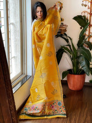 Yellow Handpainted Dupatta with Kantha Hand Embroidery in Pure Silk