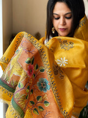 Yellow Handpainted Dupatta with Kantha Hand Embroidery in Pure Silk