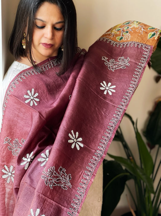 Wine Handpainted Dupatta with Kantha Hand Embroidery in Pure Silk