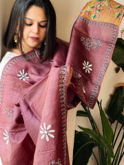 Wine Handpainted Dupatta with Kantha Hand Embroidery in Pure Silk