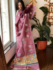 Wine Handpainted Dupatta with Kantha Hand Embroidery in Pure Silk