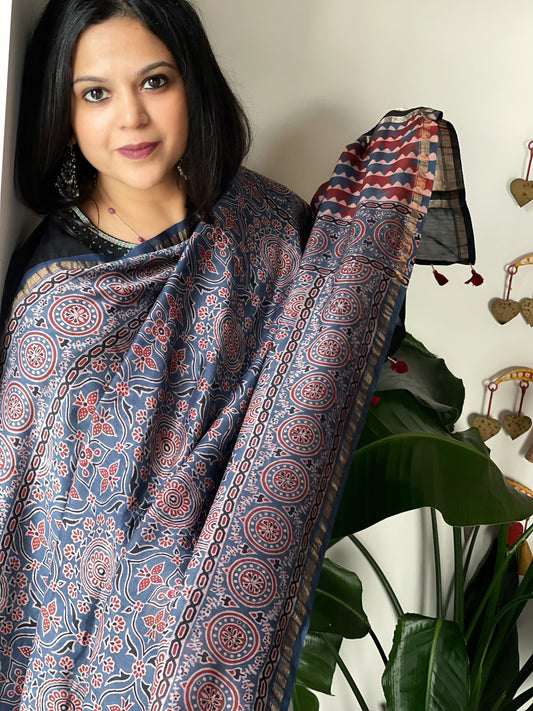 Blue Ajrakh Handblock Printed Dupatta on Chanderi Silk