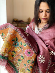 Wine Handpainted Dupatta with Kantha Hand Embroidery in Pure Silk