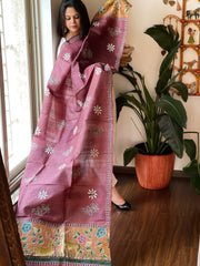 Wine Handpainted Dupatta with Kantha Hand Embroidery in Pure Silk