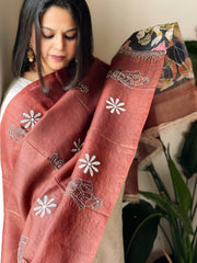 Rust Handpainted Dupatta with Kantha Hand Embroidery in Pure Silk