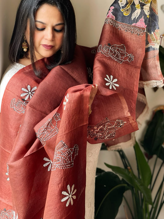 Rust Handpainted Dupatta with Kantha Hand Embroidery in Pure Silk