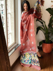 Rust Handpainted Dupatta with Kantha Hand Embroidery in Pure Silk