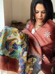 Rust Handpainted Dupatta with Kantha Hand Embroidery in Pure Silk