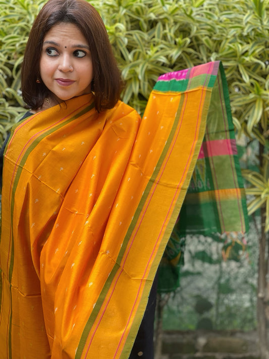 Yellow Handwoven Ikat Dupatta Pure Silk-Cotton
