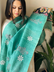 Aqua Blue Handpainted Dupatta with Kantha Hand Embroidery in Pure Silk