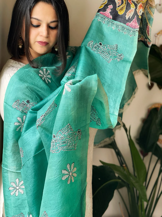 Aqua Blue Handpainted Dupatta with Kantha Hand Embroidery in Pure Silk