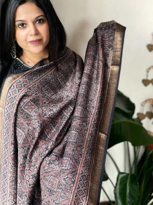 Black Ajrakh Handblock Printed Dupatta on Chanderi Silk
