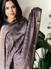 Black Ajrakh Handblock Printed Dupatta on Chanderi Silk