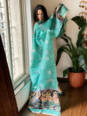 Aqua Blue Handpainted Dupatta with Kantha Hand Embroidery in Pure Silk