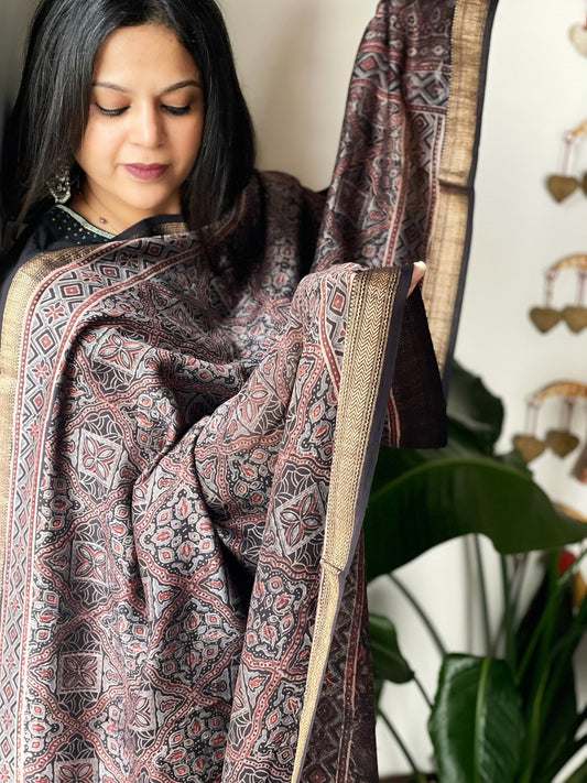 Black Ajrakh Handblock Printed Dupatta on Chanderi Silk