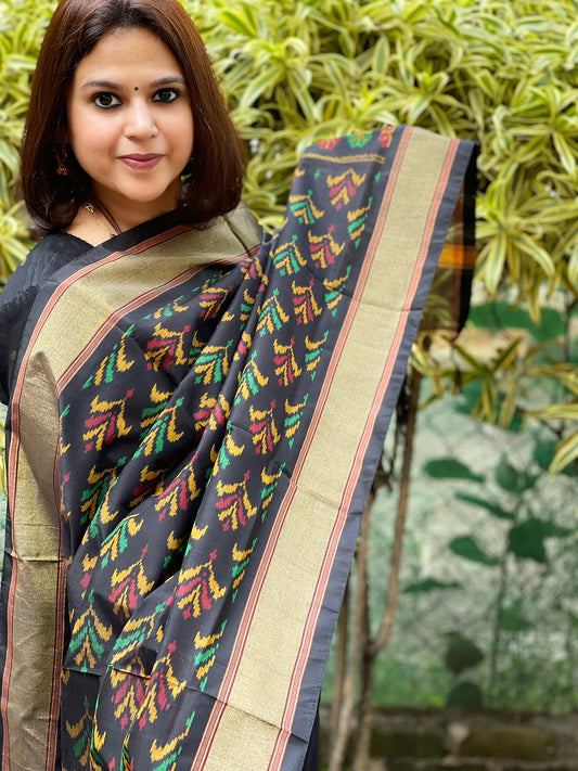 Black Handwoven Ikat Dupatta Pure Silk-Cotton