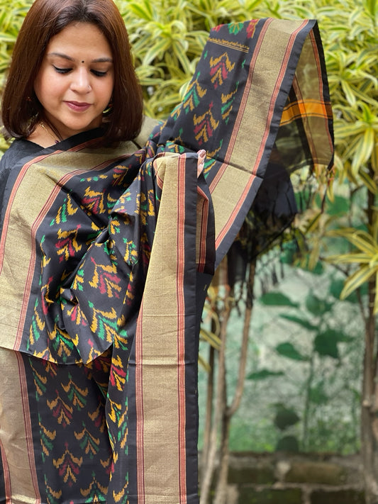 Black Handwoven Ikat Dupatta Pure Silk-Cotton