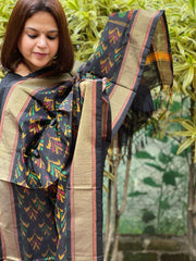 Black Handwoven Ikat Dupatta Pure Silk-Cotton