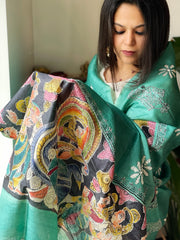 Aqua Blue Handpainted Dupatta with Kantha Hand Embroidery in Pure Silk