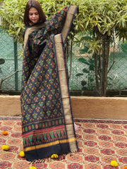 Black Handwoven Ikat Dupatta Pure Silk-Cotton
