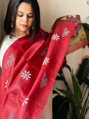 Red Handpainted Dupatta with Kantha Hand Embroidery in Pure Silk