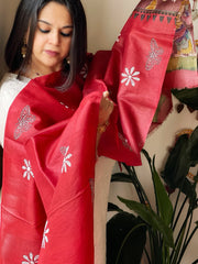 Red Handpainted Dupatta with Kantha Hand Embroidery in Pure Silk