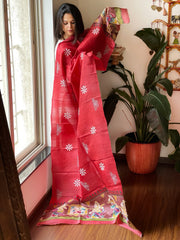 Red Handpainted Dupatta with Kantha Hand Embroidery in Pure Silk