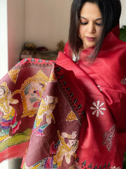 Red Handpainted Dupatta with Kantha Hand Embroidery in Pure Silk