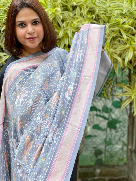 Grey Handwoven Ikat Dupatta Pure Silk-Cotton