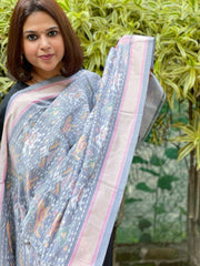 Grey Handwoven Ikat Dupatta Pure Silk-Cotton