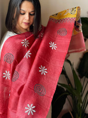 Red Handpainted Dupatta with Kantha Hand Embroidery in Pure Silk