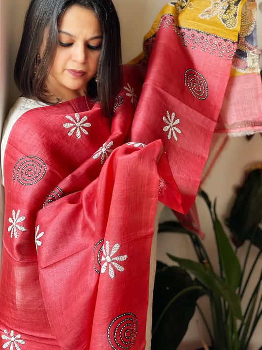 Red Handpainted Dupatta with Kantha Hand Embroidery in Pure Silk