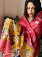 Red Handpainted Dupatta with Kantha Hand Embroidery in Pure Silk