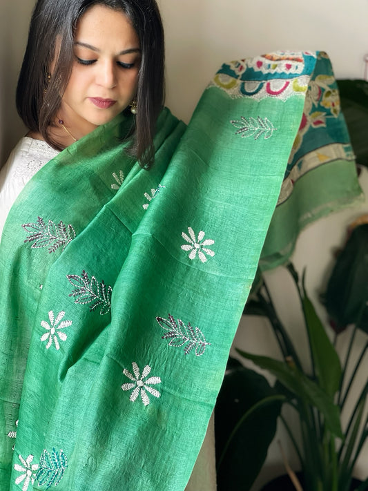 Aqua Green Handpainted Dupatta with Kantha Hand Embroidery in Pure Silk