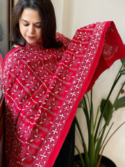 Red Handmade Kantha Dupatta in Pure Cotton