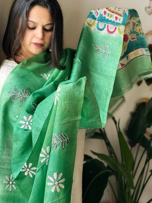 Aqua Green Handpainted Dupatta with Kantha Hand Embroidery in Pure Silk