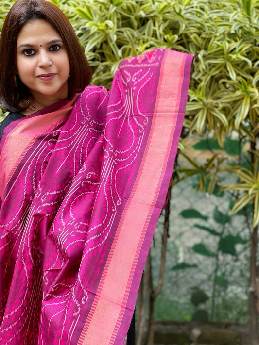 Purplish Pink Handwoven Ikat Dupatta Pure Silk-Cotton