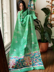 Aqua Green Handpainted Dupatta with Kantha Hand Embroidery in Pure Silk