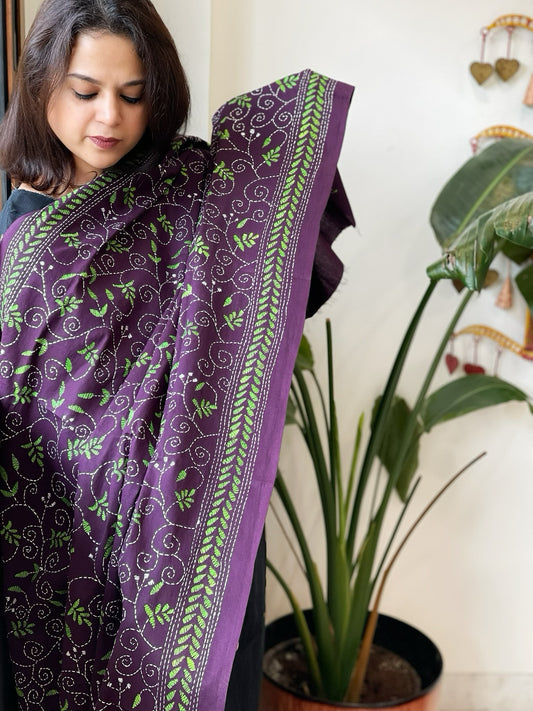 Purple Handmade Kantha Dupatta in Pure Cotton