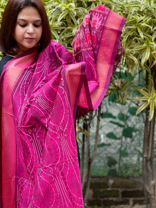 Purplish Pink Handwoven Ikat Dupatta Pure Silk-Cotton