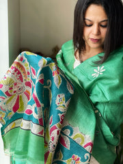 Aqua Green Handpainted Dupatta with Kantha Hand Embroidery in Pure Silk