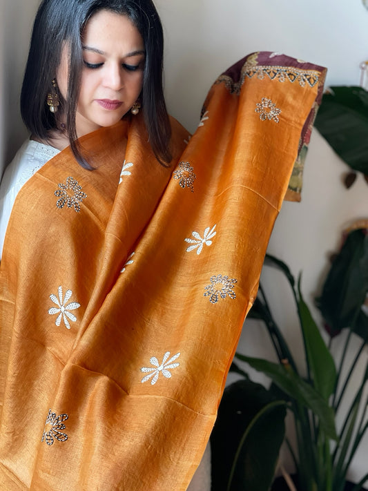 Orange Handpainted Dupatta with Kantha Hand Embroidery in Pure Silk