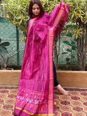 Purplish Pink Handwoven Ikat Dupatta Pure Silk-Cotton