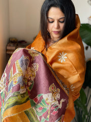 Orange Handpainted Dupatta with Kantha Hand Embroidery in Pure Silk