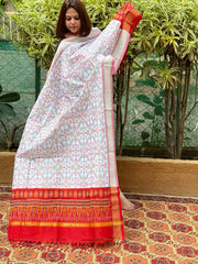 White Handwoven Ikat Dupatta Pure Silk-Cotton