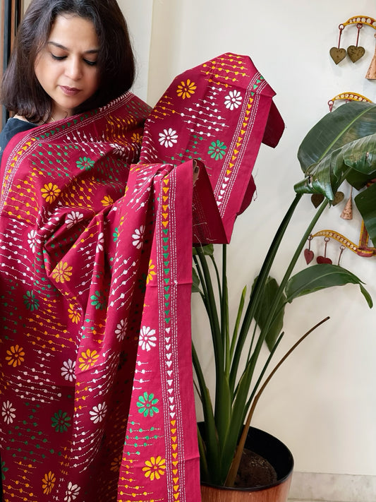 Maroon Handmade Kantha Dupatta in Pure Cotton