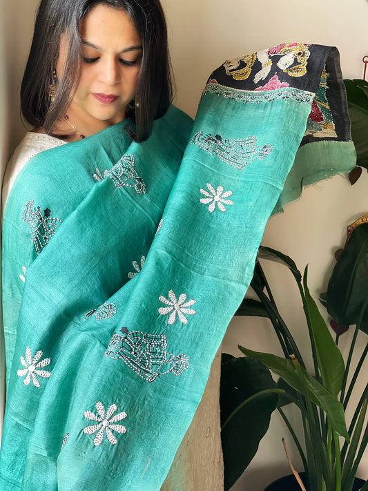 Aqua Blue Handpainted Dupatta with Kantha Hand Embroidery in Pure Silk