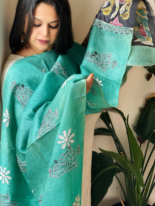 Aqua Blue Handpainted Dupatta with Kantha Hand Embroidery in Pure Silk