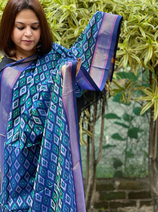 Blue Handwoven Ikat Dupatta Pure Silk-Cotton